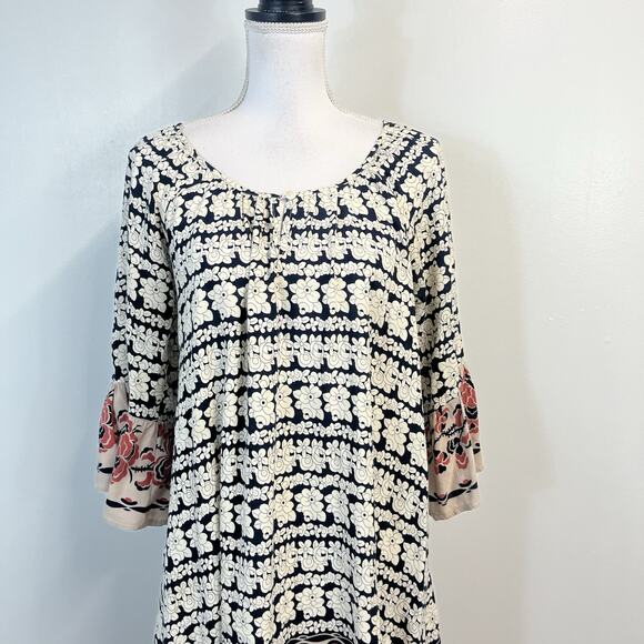 Papillon Blouse Tunic Small Black Coral Floral Boho Lagenlook Peasant Womens - Picture 2 of 8